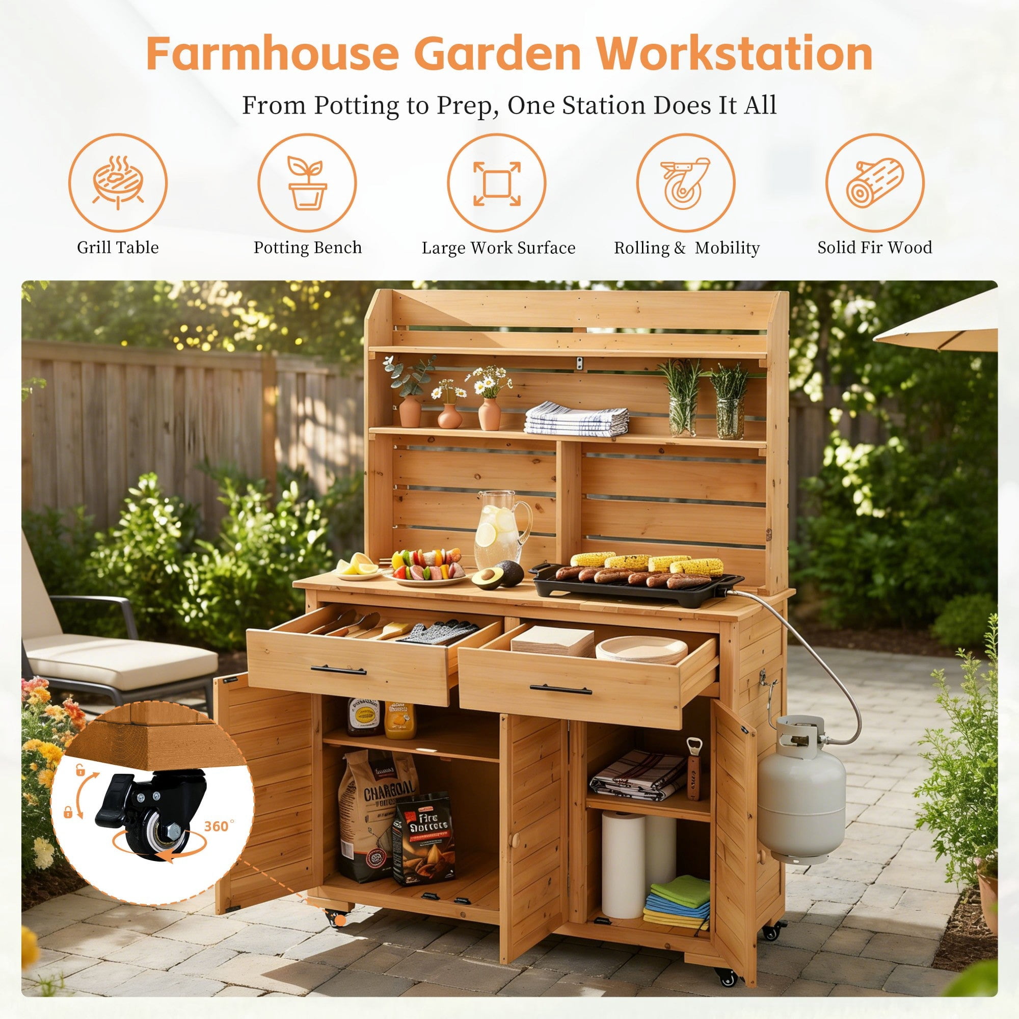Sailvan 65''H Wood Patio Kitchen Island & Garden Potting Bench,Outdoor Grill Prep Cart with Storage Cabinet,Hutch Top and Wheels Natural Wood