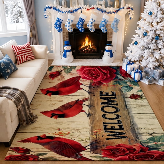 Gelasgo Cardinal Bird Floral Velvet Area Rug, Nature Pattern Rectangle Floor Carpet, Soft Plush Non Slip Rug for Living Room Bedroom