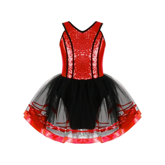YIZYIF Kids Girls Halter Shiny Sequins Mesh Dance Dress Bronzing Ballet Tutu Skirted Leotard Dancewear Red 6