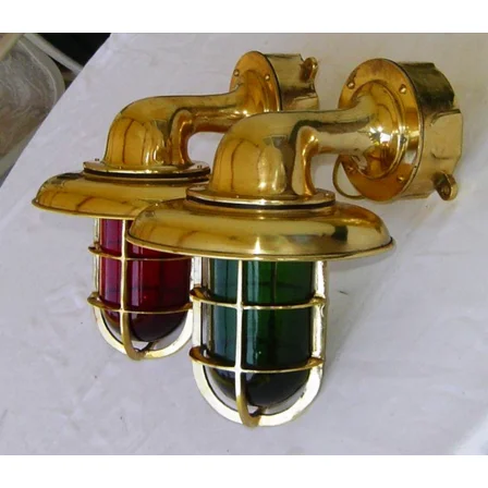 Set of 2 Vintage Brass Nautical Wall Sconce Lights – Red & Green Glass Ship Fixtures