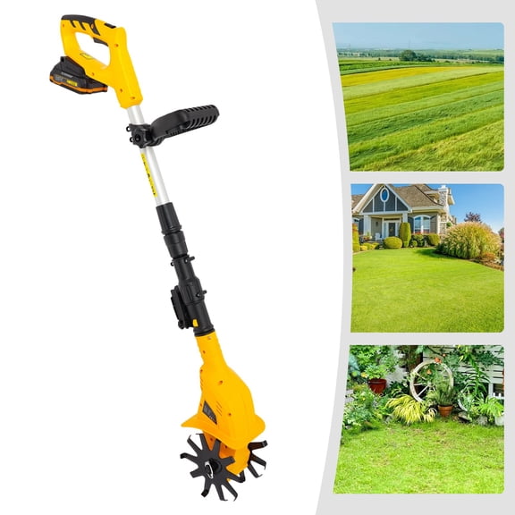 Cordless Electric Tiller Cultivator, 20V Battery Powered Garden Rototiller with 1-3H Fast Charger, 250RPM Handheld Power Soil Tiller for Flower Beds & Vegetable Gardens, Adjustable Handle, Yellow