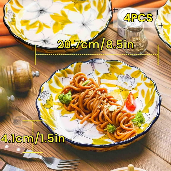 8-Inch Ceramic Dinner Plates Set of 4, Hand-Painted Floral Design, Scalloped Edges, Dishwasher & Microwave Safe