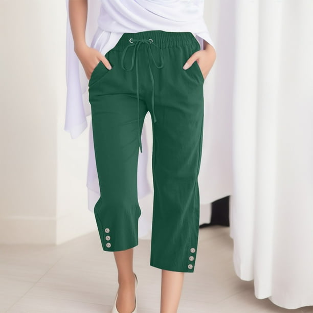WILLBEST Pantalones Casuales para Mujer, con Botones, Pierna Ancha, Bolsillos, Ligeros, Cintura Alta, Ajustables, con Nudo, Corte Holgado. Mediana