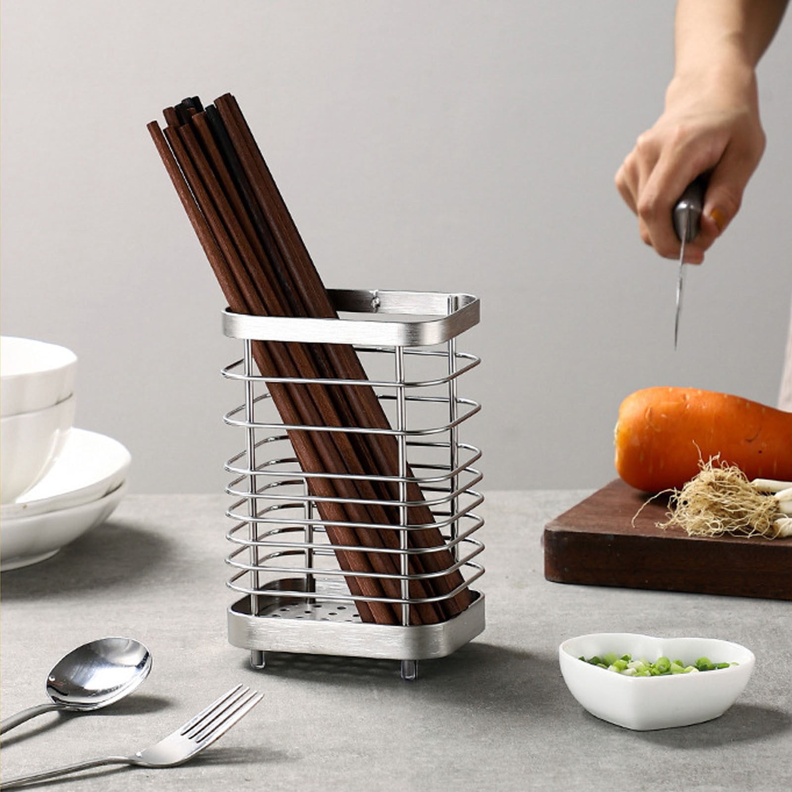 BNNG Utensil Holder, Stainless Steel Utensil Drying Rack for Kitchen Counter, Silverware Cutlery Flatware Holder with Drain Tray for Forks, Knives, Spoons, Chopsticks Organizer (Silver,S/L)