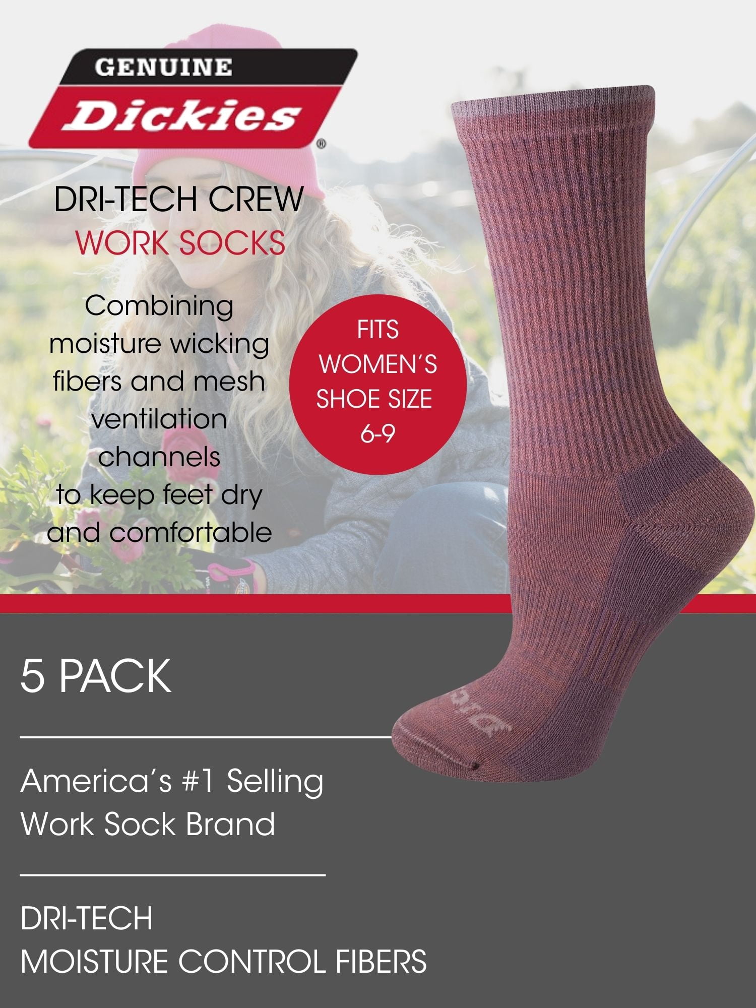 Genuine Dickies Women's Dri-Tech Free Run Crew Socks, 5-Pack