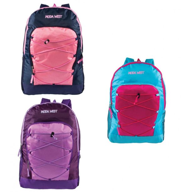 Moda West 19" Bungee Bulk Backpacks with Side Mesh Water Bottle Pockets in 3 Assorted Colors