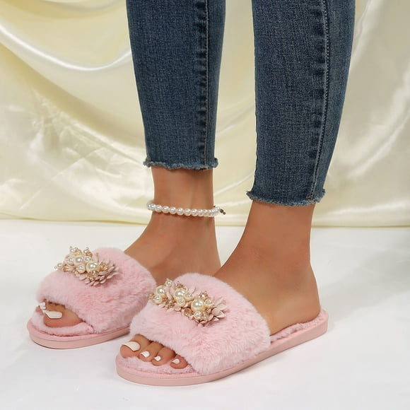 YOUSNH Ladies Fashion Winter Plush Pearl Flower Decoration Open Toe Flat Bottom Cotton Slippers Women's Slippers Women Slippers Pink 9.5