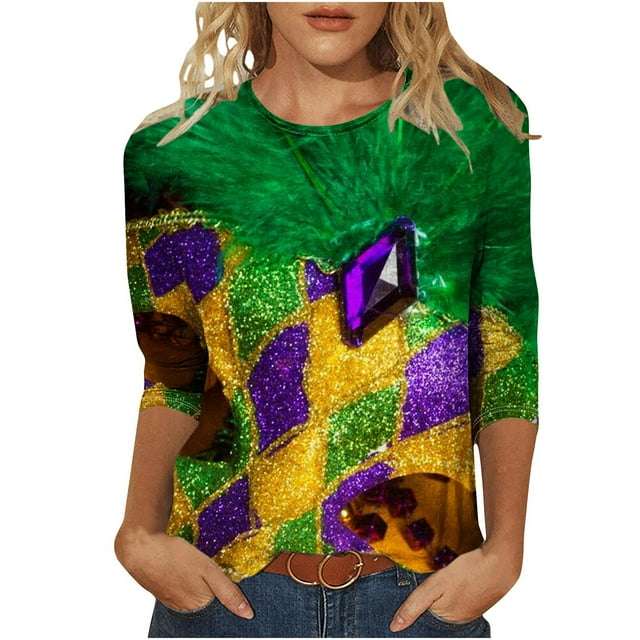 Blouses Funicet pour Femmes Mode, Blouses pour Femmes, T-Shirt Imprimé Mardi Gras Manches 3/4 Col Rond Décontracté, T-Shirts pour Femmes, Blouses pour Femmes Décontractées
