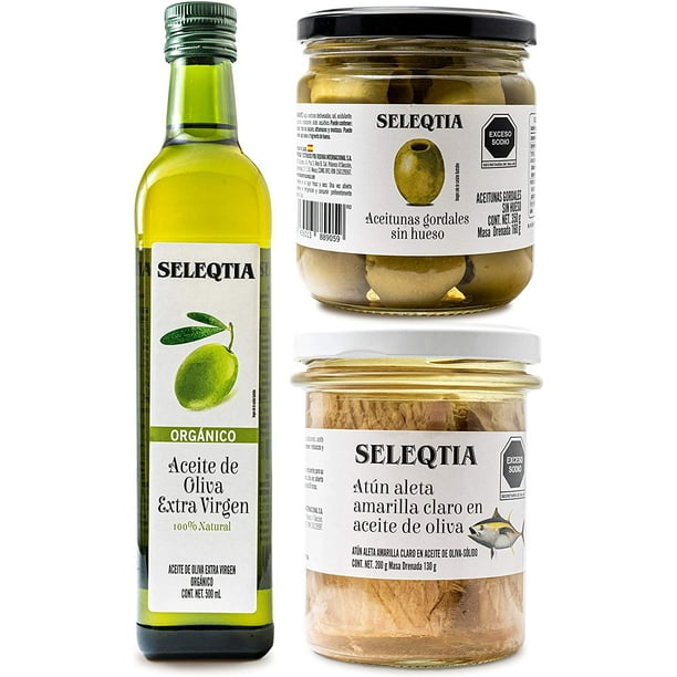 PACK 3 Gourmet SELEQTIA: Aceite de Oliva Extra Virgen Organico de 500ml Seleqtia, Atun Claro en Aceite de Oliva en Frasco de 200g Seleqtia y Aceituna Gordal Sin Hueso de 350g Seleqtia Seleqtia PACK