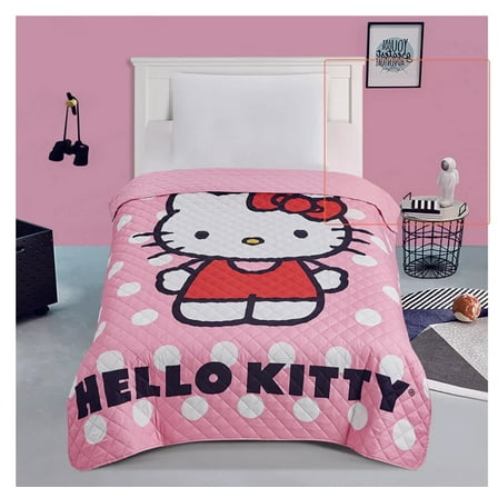 Pink Hello Kitty Polka Dots Twin/Full Quilted Bedspread Only
