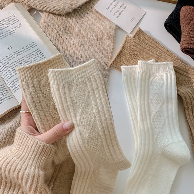 Calcetines de lana para mujer, calcetines cálidos de invierno, calcetines sencillos de color liso hasta media pantorrilla, calcetines gruesos de cachemira, calcetines de pelo estilo japonés