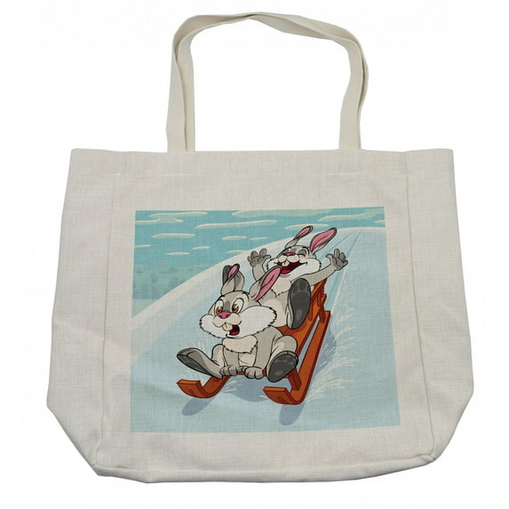 Bunny Shopping Bag, Winter Wooden Sled Cartoon Style Compositions of Woodland Animals Theme, Eco-Friendly Reusable Bag for Groceries Beach and More, 15.5" X 14.5", Cream, by Ambesonne