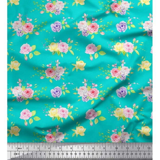 Soimoi Green Heavy Canvas Fabric Leaves & Grandiflora Roses Floral Fabric Prints By Yard 58 Inch Wide