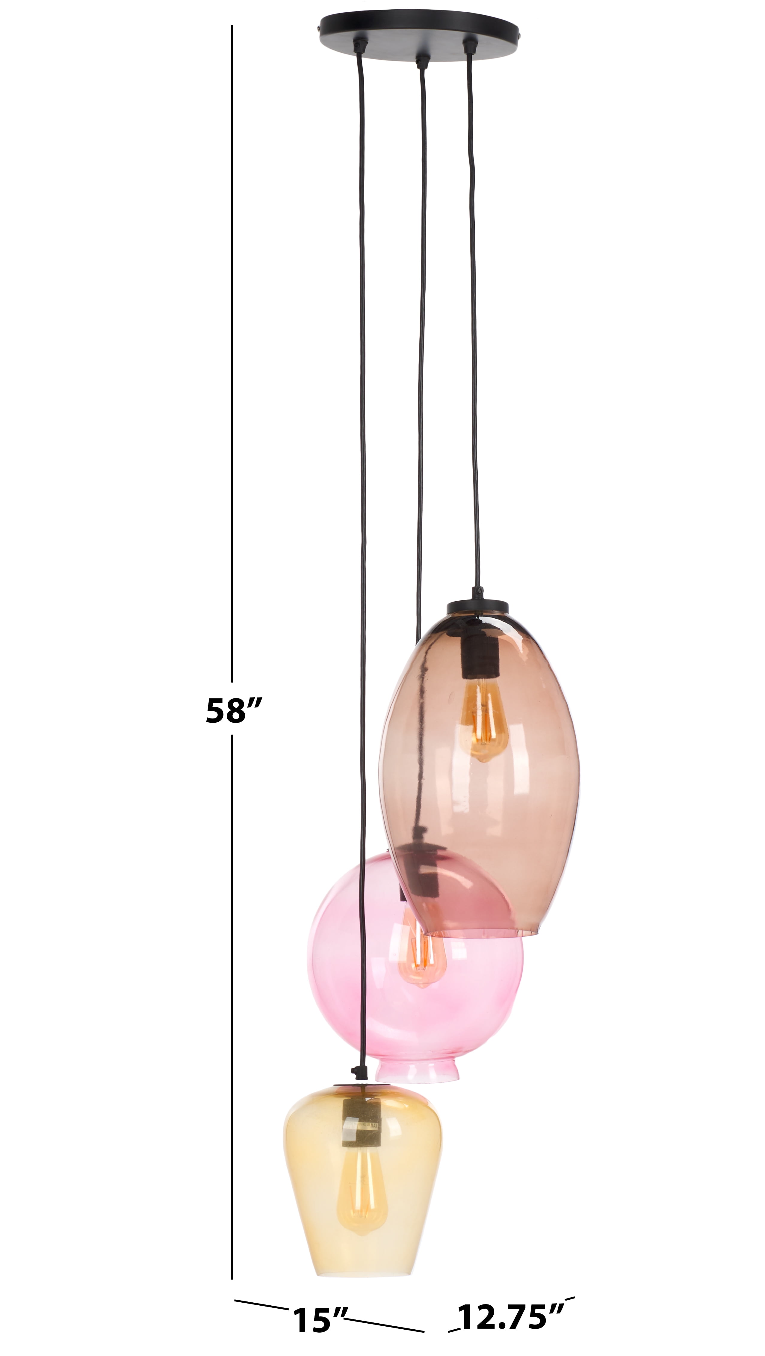 Safavieh Keoni 3-Light 15" Modern Iron and Glass Pendant Lights, Brown/Pink/Gold