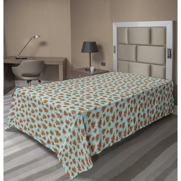 Floral Flat Sheet, Romantic Roses and Leaves on a Background of Bubbles, Soft Comfortable Top Sheet Decorative Bedding 1 Piece, 6 Sizes, Blue Burnt Orange, by Ambesonne