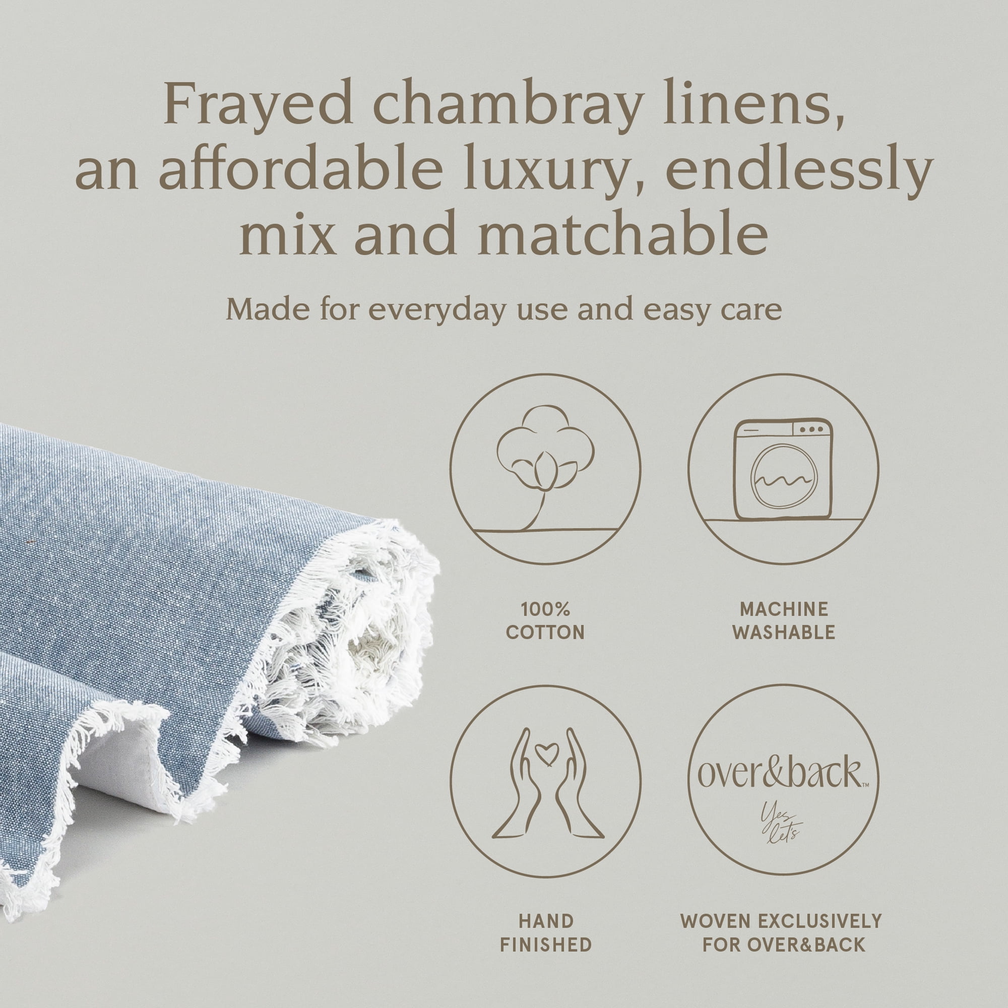 over&back 18x108 Woven Frayed Chambray Cotton Table Runner - Washable Table Runners for a Custom Home Decor Tablescape - Hand-Finished Frayed Edges - Coffee Table, Dinner Table, Living Room - Blue