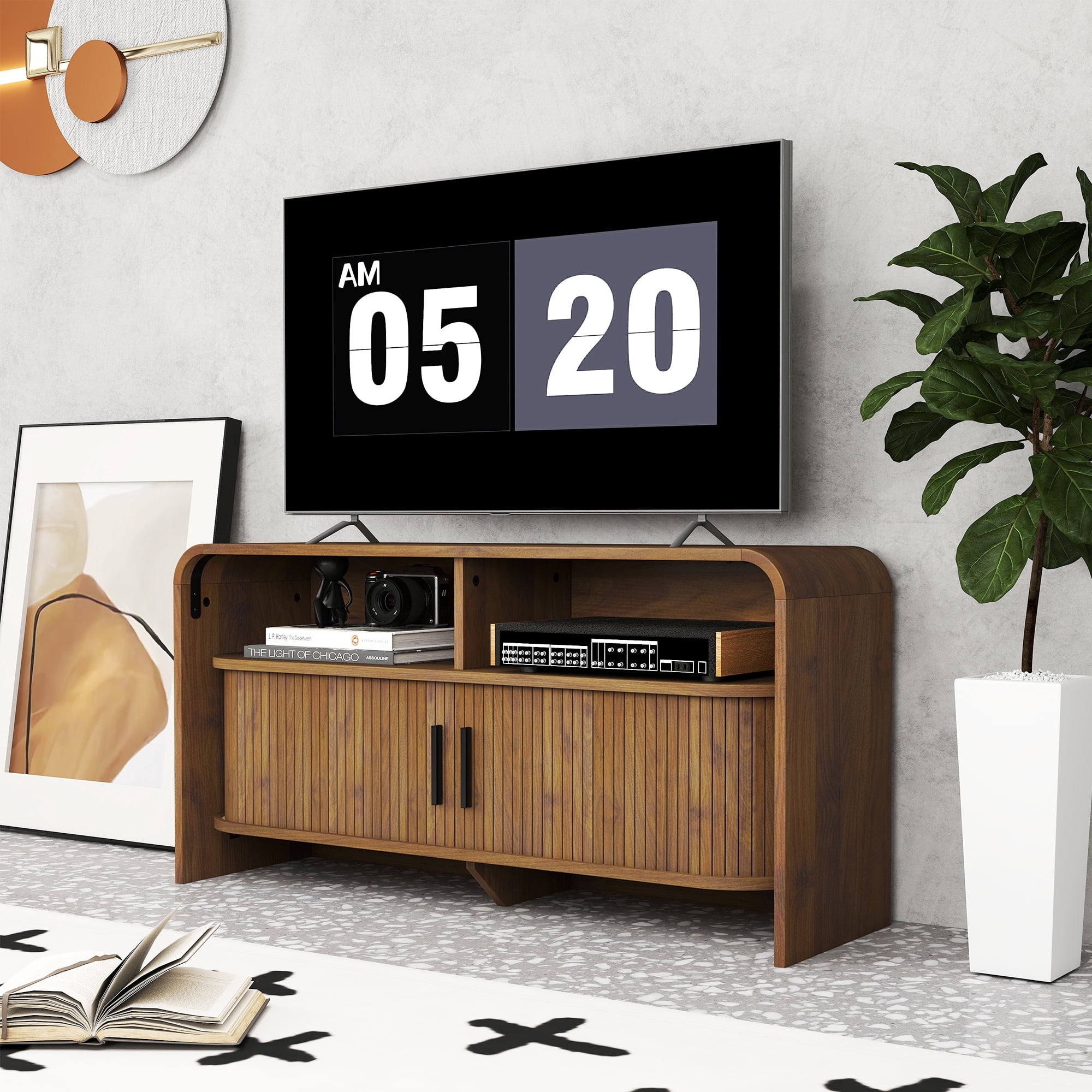 Mid Century Modern TV Stand for Bedroom, Small Fluted Entertainment Center for TVs up to 43 Inch, Media Console with Sliding Doors for Living Room, Walnut