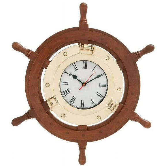 Nagina International 18 Inches Wood Ship Wheel Brass Wall Clock Nautical Decor Shipwheel Beach Ocean Sea