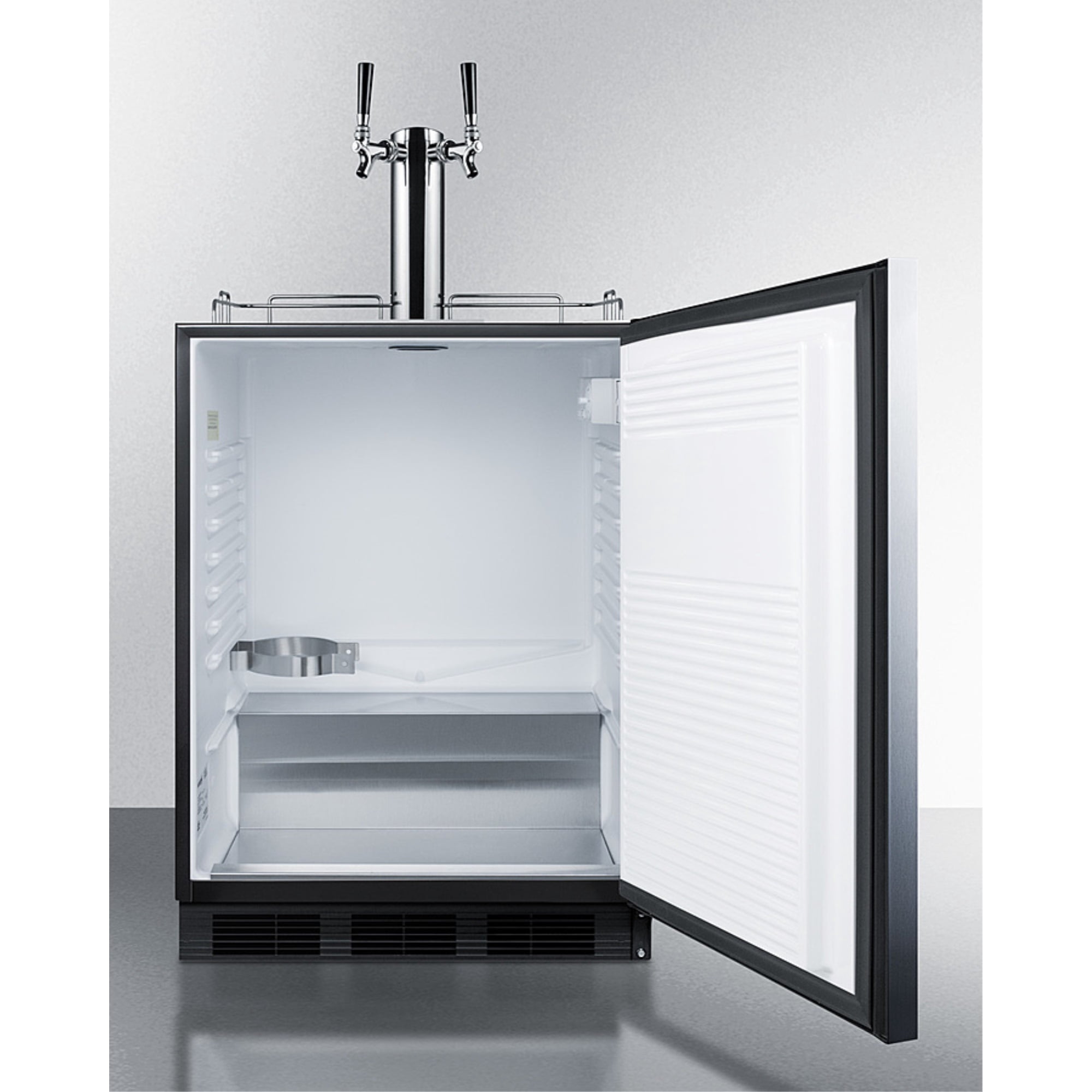 Built-in kegerator for use under ADA compliant counters with dual tap kit for two 1/6 kegs