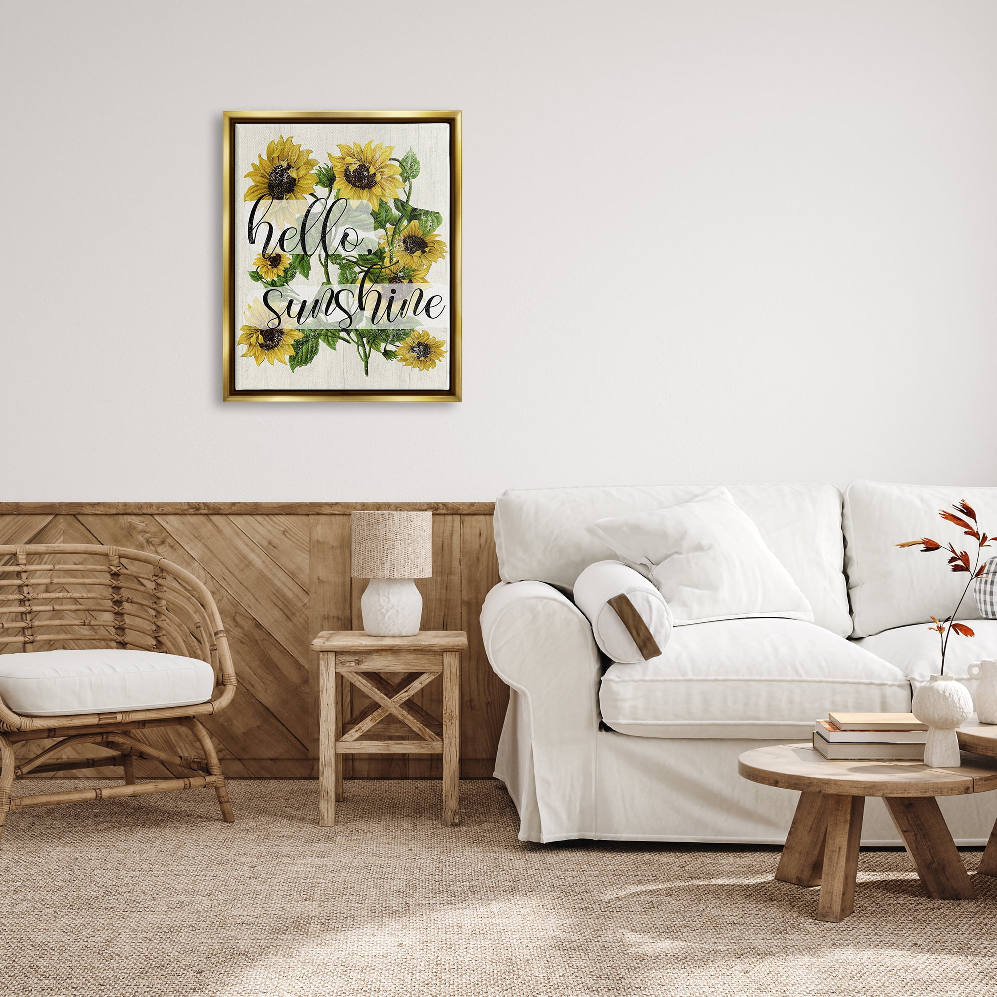 Stupell Industries Vintage Painted Sunflowers with Hello Sunshine Text Metallic Gold Framed Floating Canvas Wall Art, 24x30, by Daphne Polselli