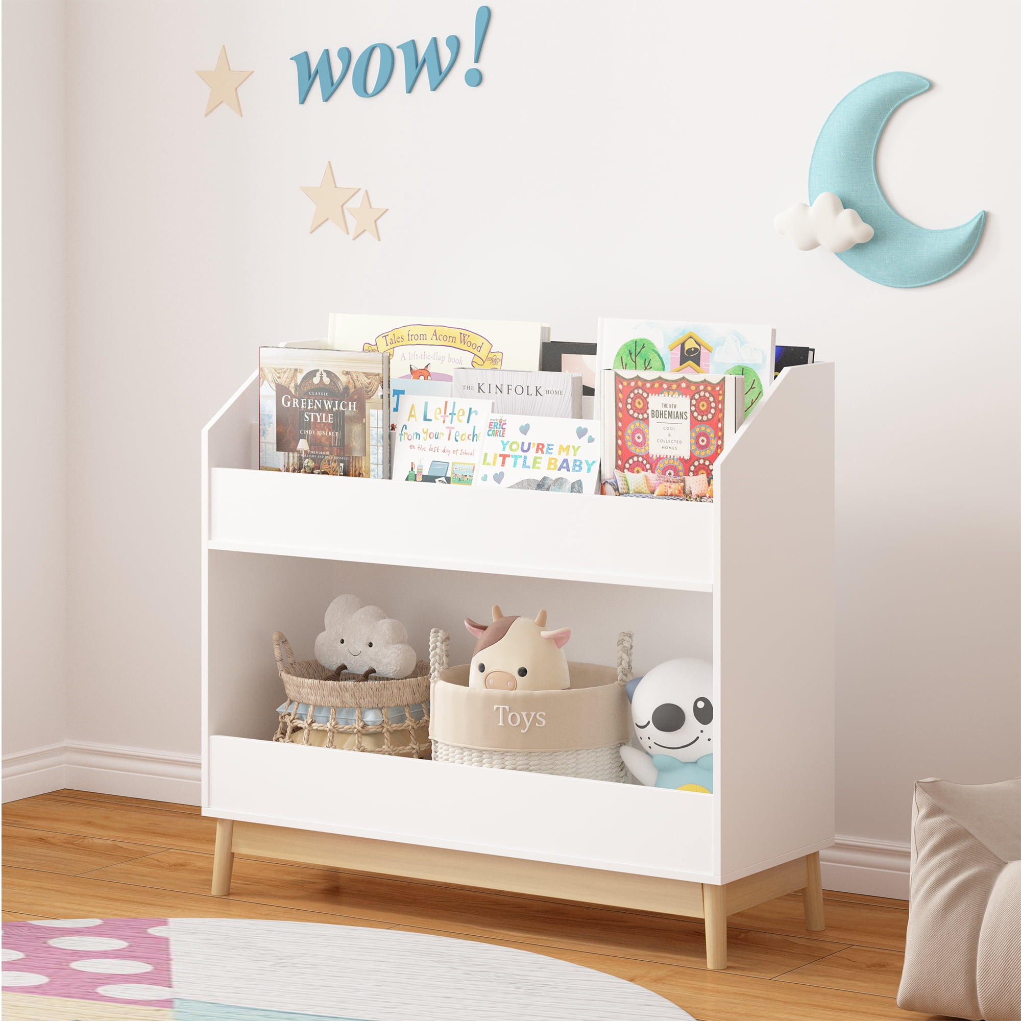 Toddler Book Display Shelf with Storage, Wooden Kids Bookcase Organizer for Bedroom or Playroom, White