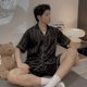 thumbnail image 1 of CAIYIER-Conjunto de pijama de manga corta para hombre y mujer, ropa de dormir informal, suave, de seda, a rayas, Color sólido, para verano, 1 of 4