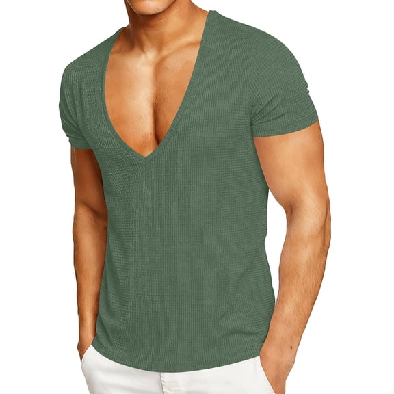 Timoontee Mens Deep V-Neck T-Shirts Solid Short Sleeve Tops Casual Workout Undershirts Lightweight Spring Summer Shirts Waffle Shirts Green M