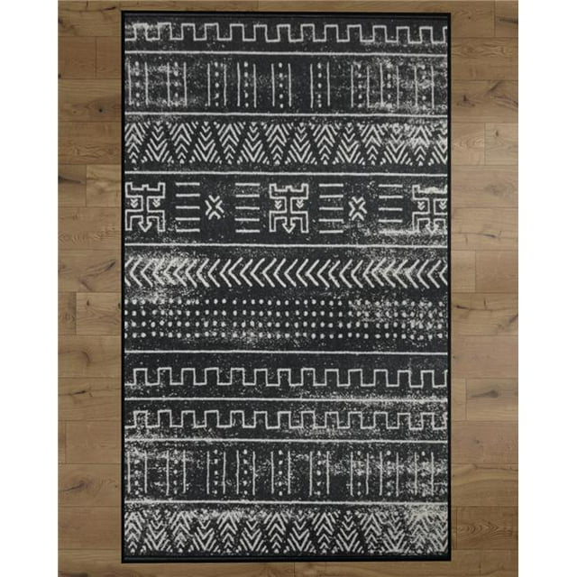 Tapis de Salon 3 x 5 Pi Boho avec Support Antidérapant Noir - Motif Tribal - Extra Petit - Rectangle