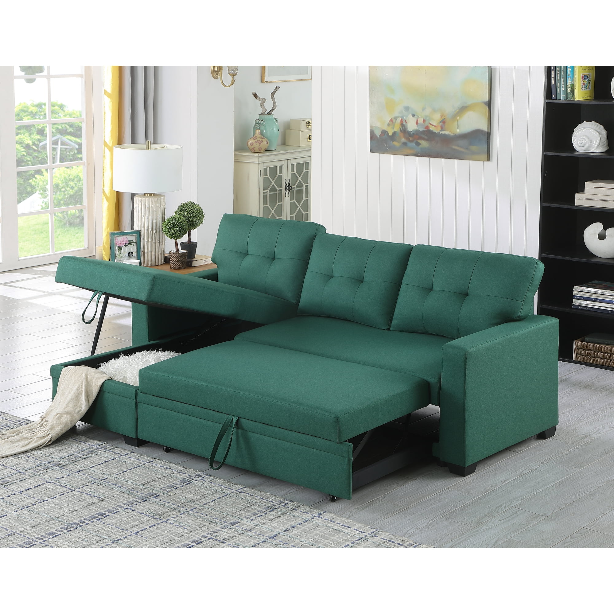 4-in-1 Convertible L Shaped Couch with Pull Out Bed and Storage,Sectional Sleeper Sofa with Reversible Chaise for Living Room, Apartment, Bedroom,Green