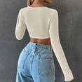 thumbnail image 5 of WREESH Womens Fashion Crop Tops Square-Neck Solid Color Knit Slim Long Sleeve Blouse Tops Beige, 5 of 7