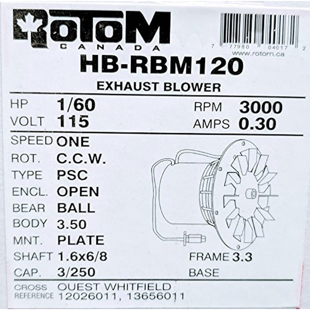 Rotom HB-RBM120 Souffleur de Réchaud à Granulés Moteur de Remplacement 1/60 hp, 3000 Tr/min, 0.3 Ampère, 115V
