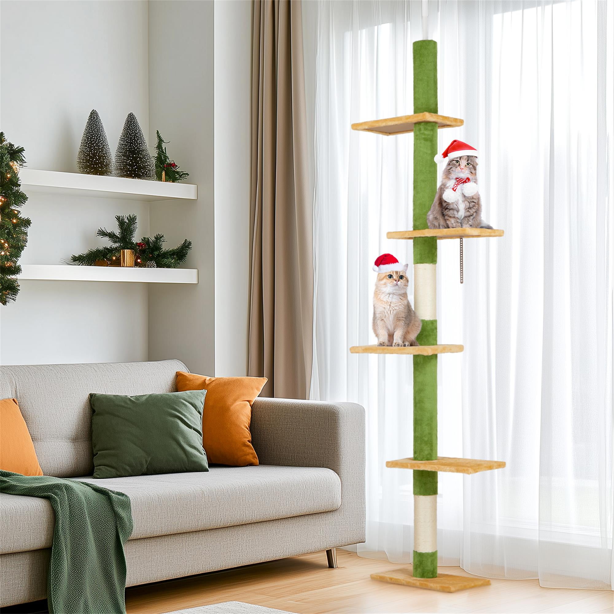 Kadyn Cat Tree, Cactus Floor to Ceiling Cat Tower with Adjustable Height (90"-106"), 5 Level Cat Climbing Tower with Cozy Platforms and Dangling Balls for Indoor Cats, Green