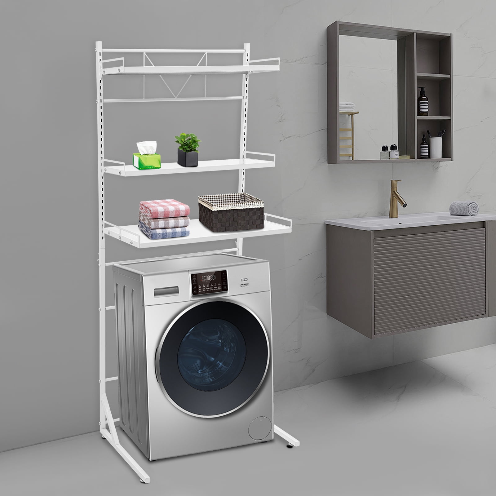 White Steel 68*46.5*88.5-161.5cm Upper 3-Layer Storage Rack For Washing Machine Floor-Standing Storage Rack