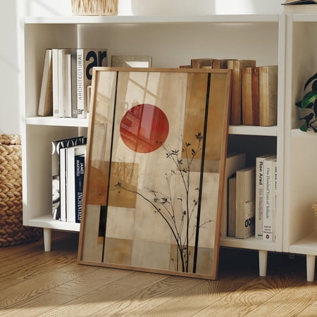 Japanese Minimalist Wall Art Red Sun and Branch Abstract Modern Zen Home Décor Neutral Beige and Gold Geometric Painting wall decor home decor art print Unframed Poster 32x48