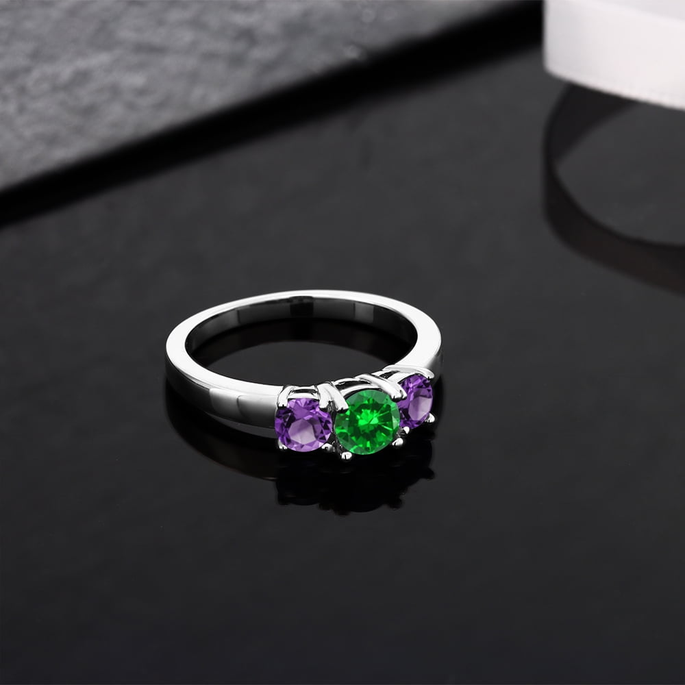 Gem Stone King 1.34 Cttw Green Simulated Emerald and Purple Amethyst 3-Stone Ring for Women | 925 Sterling Silver | Gemstone Birthstone | Wedding Engagement Anniversary Promise Ring for Women| Size 7