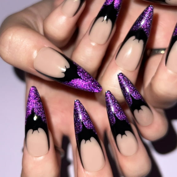 Yoyauz 24PCS Long Pointed Fake Nails With Halloween Purple Glitter Bat Design Charm Acrylic Nails Suitable For Girls And Women On Halloween