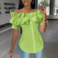 thumbnail image 4 of BYHONG Women Off Shoulder Layered Ruffles Button Down Asymmetrical Hem Top Women's Ruffle Trim Off Shoulder Short Sleeve Blouse Party Tops Shirt Green S, 4 of 9