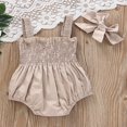 thumbnail image 3 of Baby Summer Jumpsuit Outfit Solid Color Ruched Toddler Girl Casual Sleeveless Suspender Rompers and Headband, 3 of 6