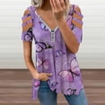 thumbnail image 2 of Purple Butterfly Dandelion Womens Summer V Neck Zipper Top Short Sleeve T Shirt Off Shoulder Top Casual Classy Loose Shirts, 2 of 7