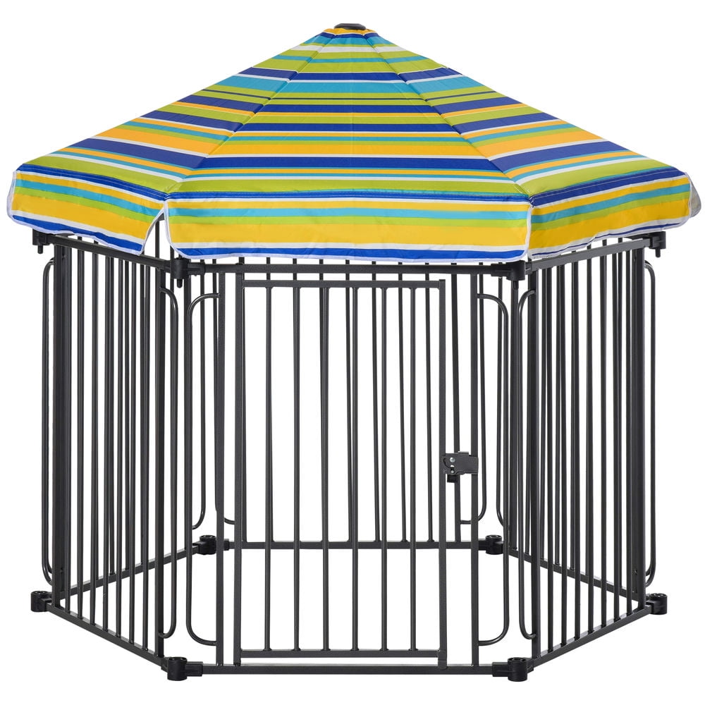 GVN 48" x 41" Heavy-Duty Metal Dog Playpen, Outdoor Pet Cage Kennel, Puppy Exercise Fence Barrier with Weather-Resistant Polyester Roof, Locking Door, & Metal Frame