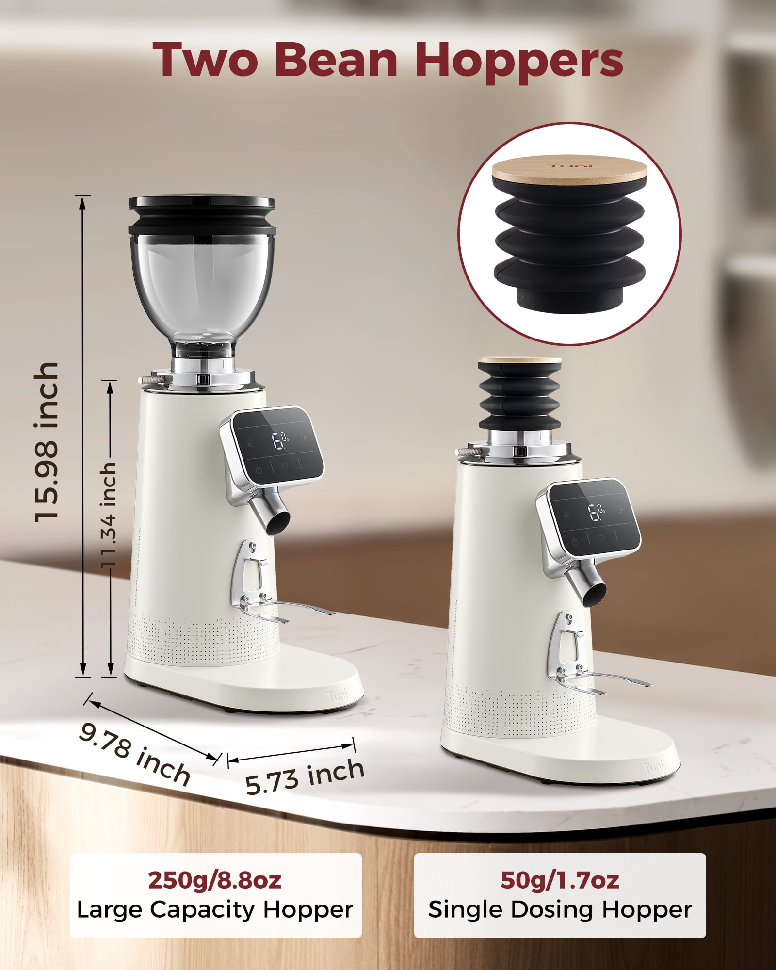 Tuni G3 64mm Flat Burr Coffee Grinder, 100 Grind Settings Electric Espresso Grinder with Single Dose Set | Commercial Grade Precision, Touchscreen | Anti-Static Tech | Stainless Steel (Ivory)