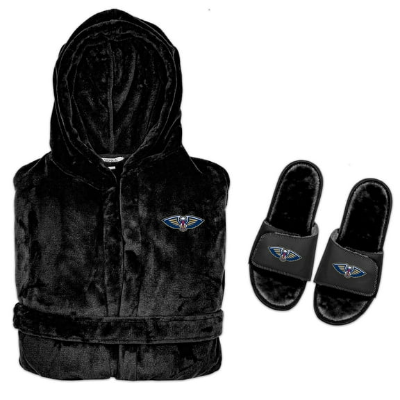 Men's ISlide Black New Orleans Pelicans Hooded Phantom Robe & Fur Slide Bundle