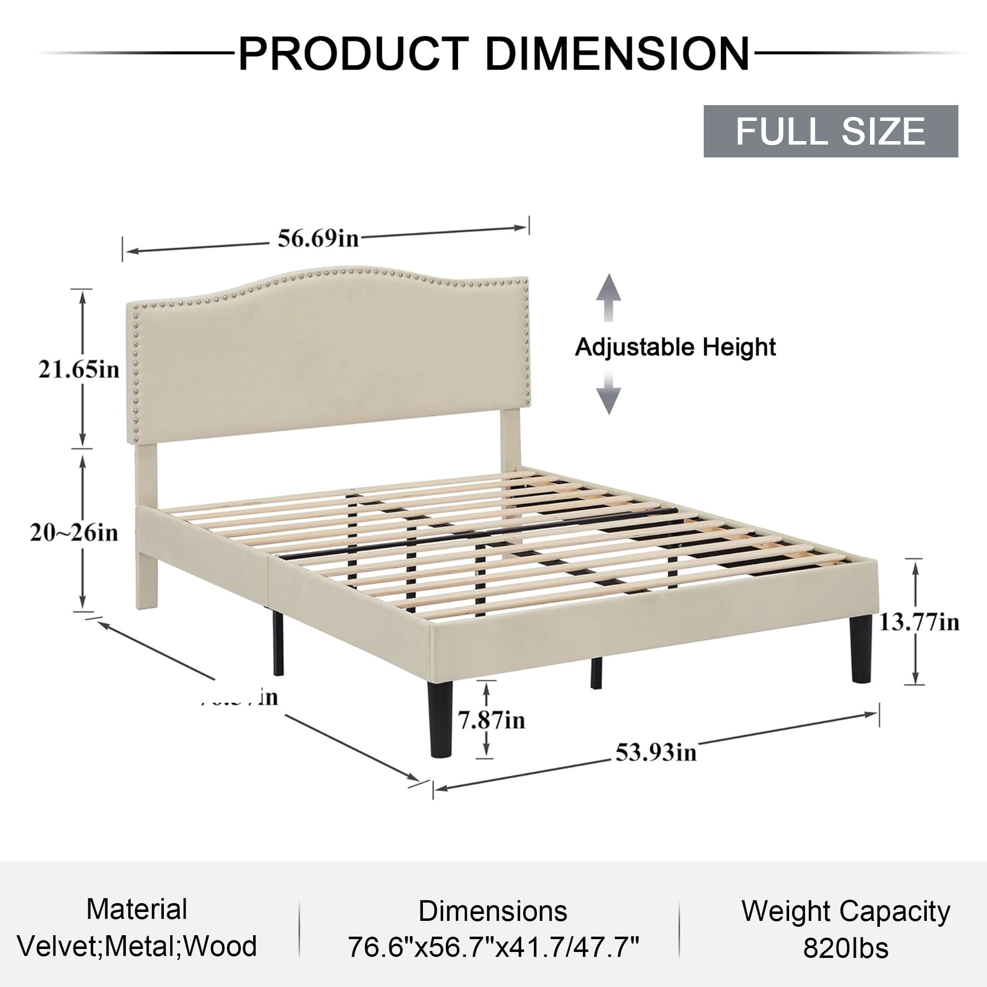 Javlergo Full Size Platform Bed Frame, Upholstered Bed Frame with Adjustable Headboard, No Box Spring Needed, Wooden Slats Support, Mattress Foundation, Beige