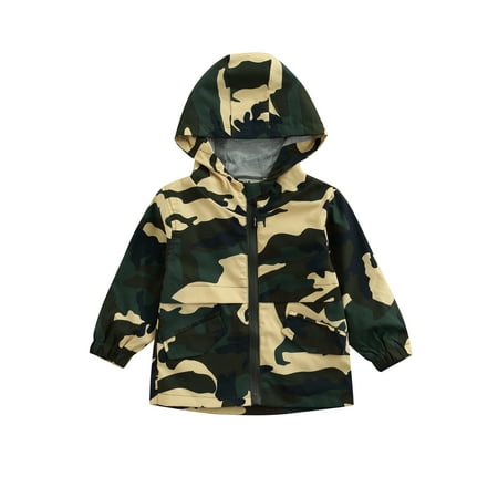 

Gureui Children Kids Boys Casual Zipper Closure Jacket Solid Color Camouflage Printed Pattern Hooded Outerwear Coat