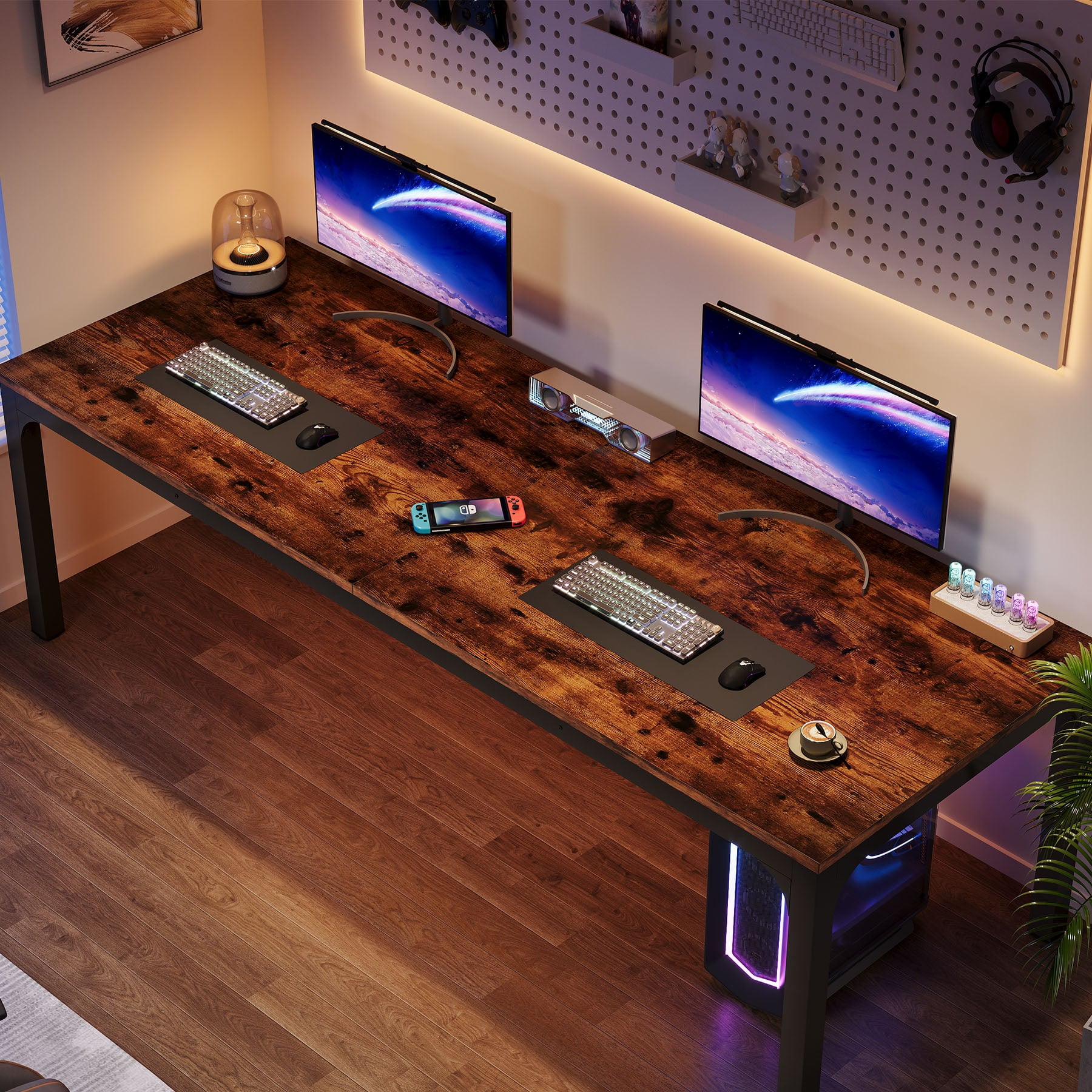 Fnova 78.7" Modern Computer Desk with Wood Desktop, Metal Frame Office Desk, Rustic Brown