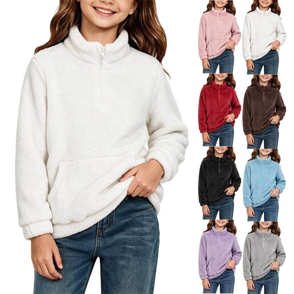 MexChoioe Girls Mock Neck Sweatshirt Sherpa Quarter Zip Pullover Sweatshirt Fuzzy Warm Long Sleeve Zip Up Cute Tops for Big Kids