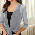 thumbnail image 6 of qolati Womens Glitter Sheer Shrug Elegant 3/4 Sleeve Tie Front Cropped Cardigans Party Lightweight Mesh Bolero Shrugs Gray M, 6 of 7