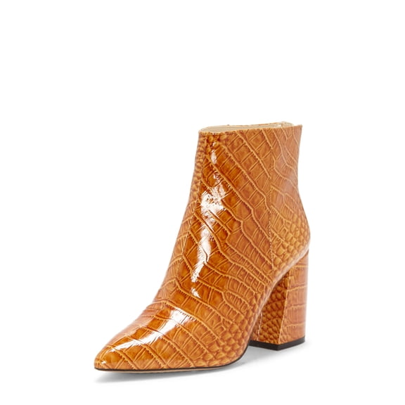 Vince Camuto Benedie Flex Camel Croco Patent Pointed Toe Leather Ankle Booties (Flex Camel Croco, 6)