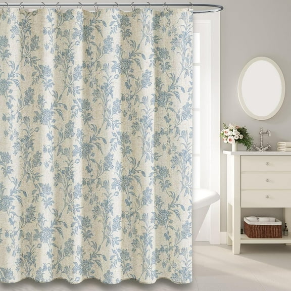 Blue Shower Curtain Floral Cotton Linen Cottagecore Shower Curtain for Bathroom 72" L x 60" W