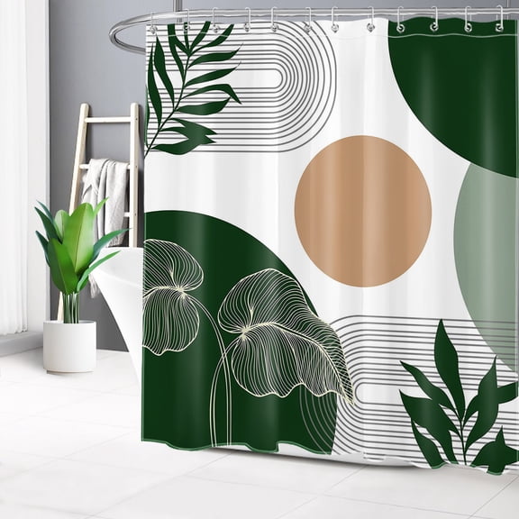 HVEST Boho Mid Century Shower Curtain with Olive Green Leaf Design - Modern Geometric Bathroom Decor, Waterproof Polyester Fabric, Includes 12 Hooks, 72x78 Inches